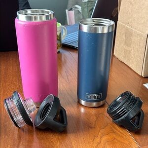 YETI Rambler Pink and Blue Tumblers with Lids